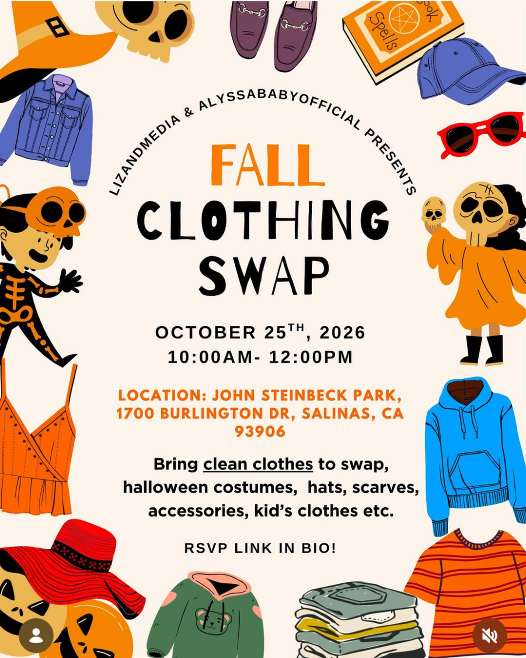Fall Clothing Swap October 25th 2026 from 10am to 12pm at John Steinbeck Park bring clean clothes to swap, halloween costumes, hats, scarves, accessories, kids clothes