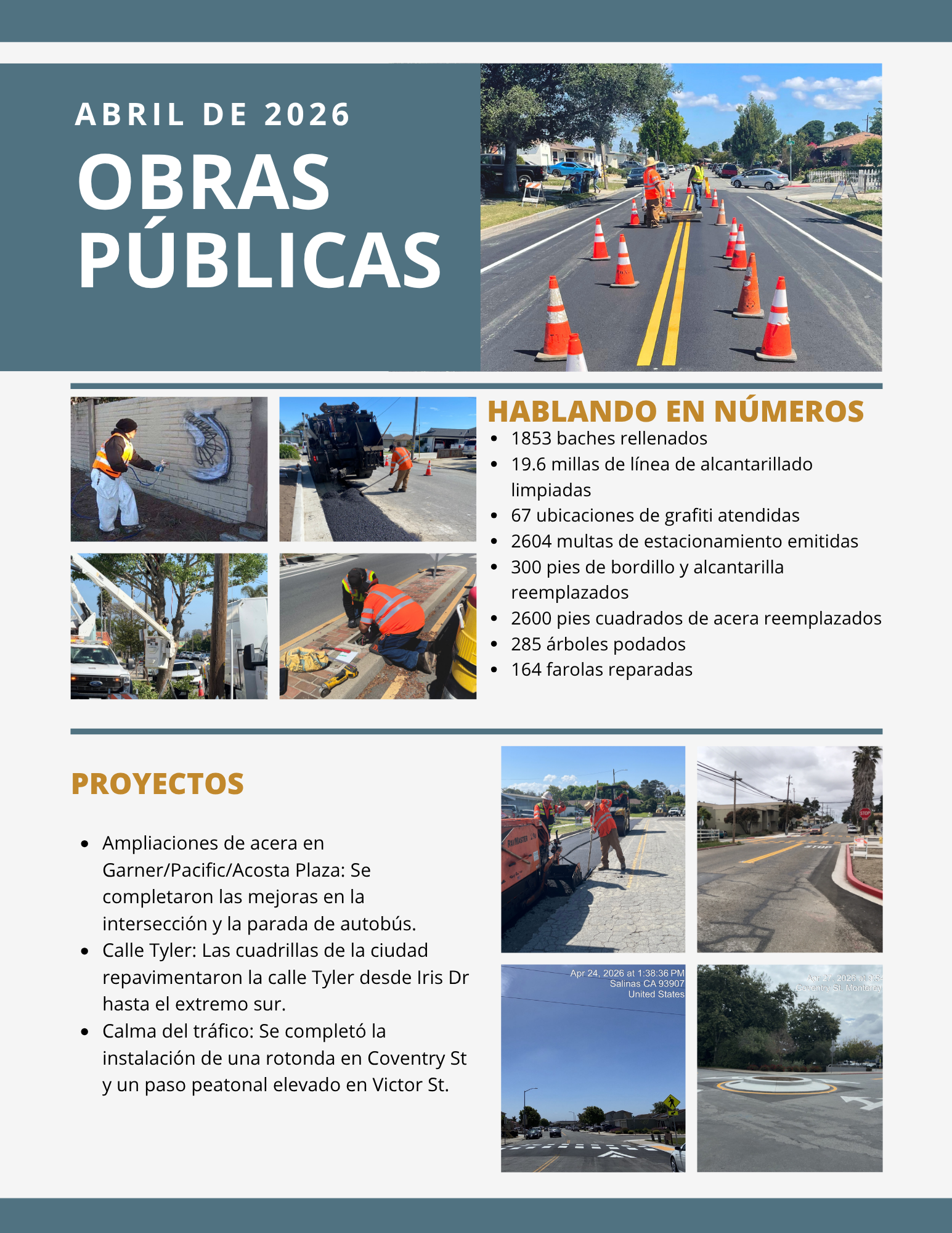 Infografía de Obras Públicas de abril de 2026 con trabajos de pavimentación, eliminación de grafiti, poda de árboles y mejoras viales, además de estadísticas y proyectos completados.
