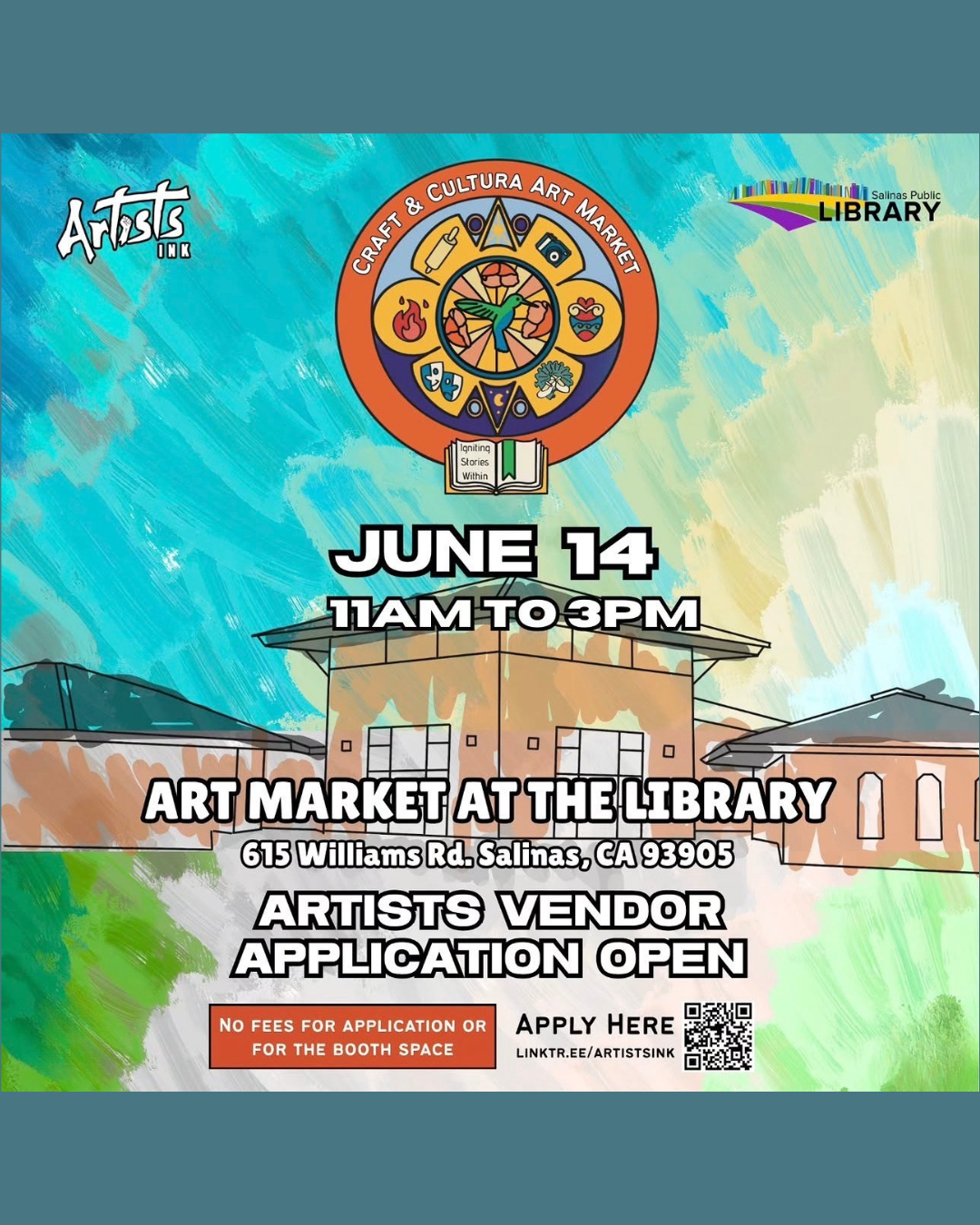 Join us for the art market at the library June 14 11am to 3pm at 615 Williams rd. Salinas.