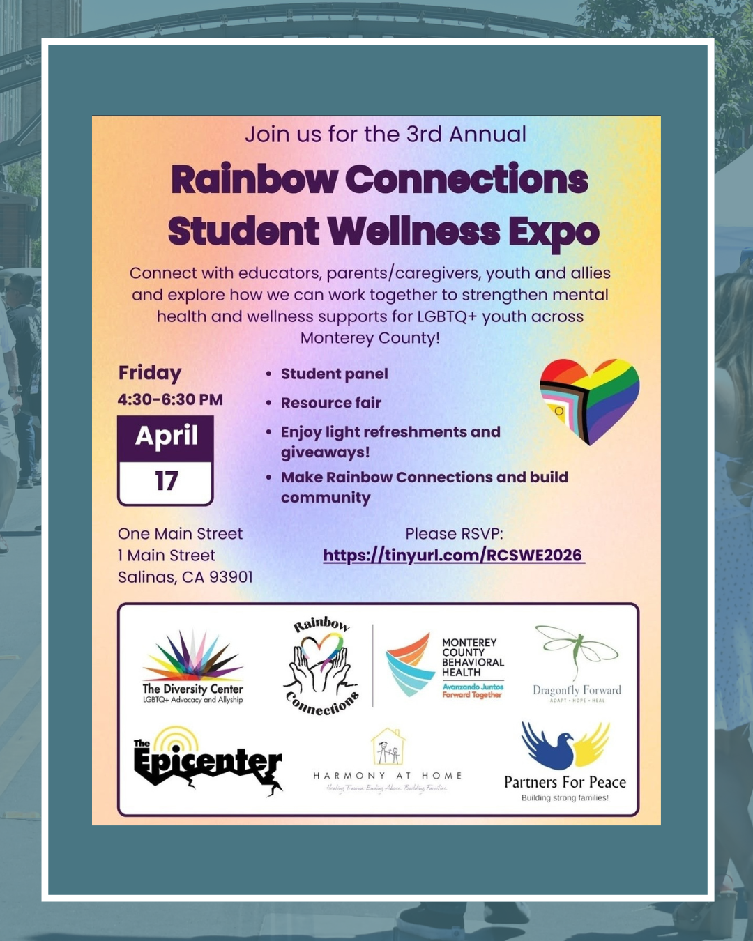 The Epicenter is hosting their 3rd annual Rainbow Connections Student Wellness Expo on Friday, April 17 at 4:30 pm to 6:30 pm at One Main Street. 
