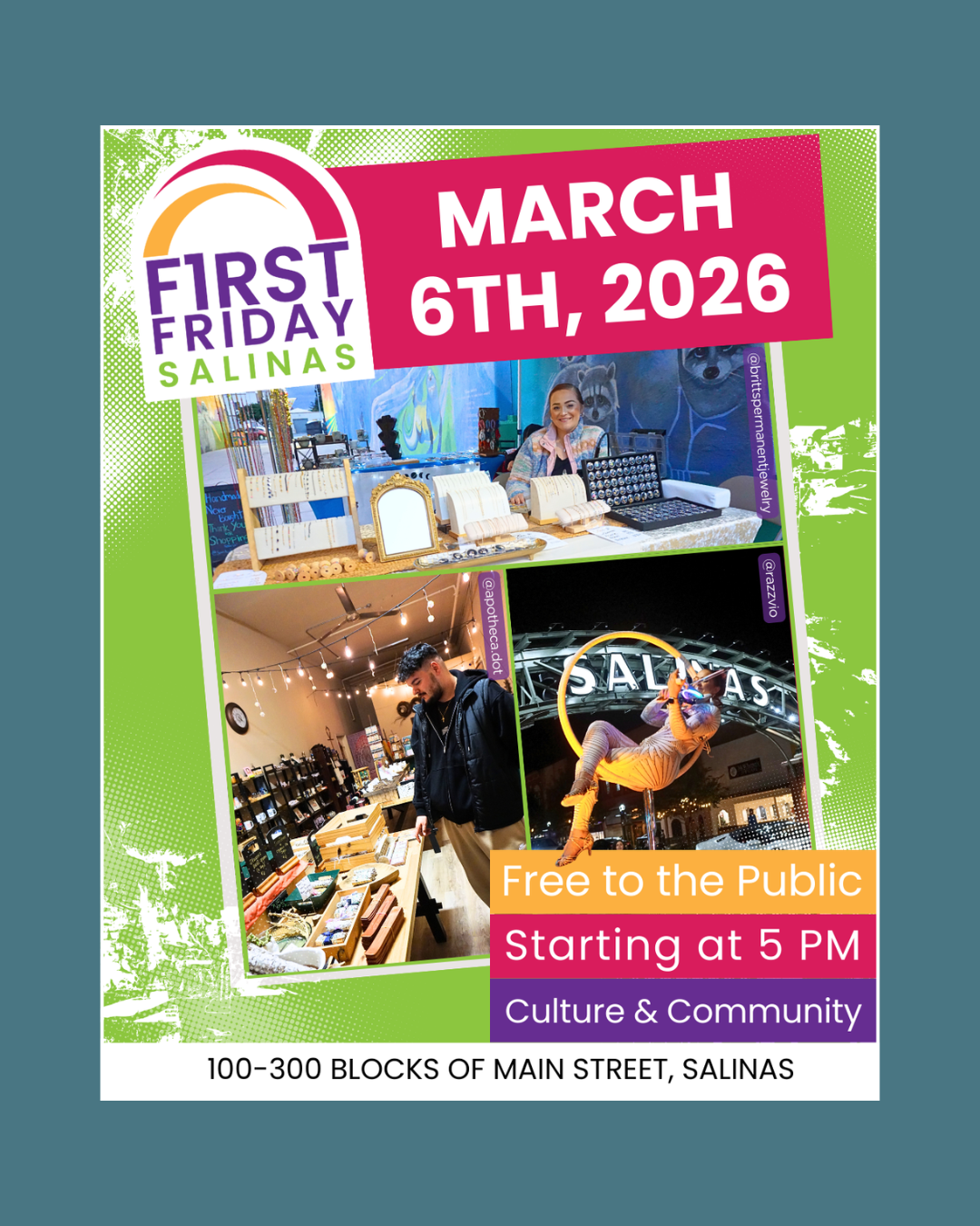 First Friday Salinas event on March 6th starting at 5 pm bringing diverse cultural and communities together.