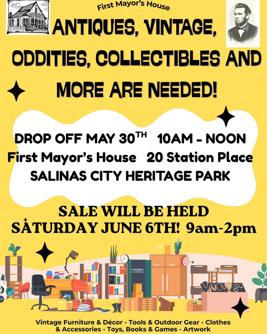 Join us June 6th from 9am to 2pm at Salinas Heritage Park for the antiques, vintage, oddities, collectibles and more sale.