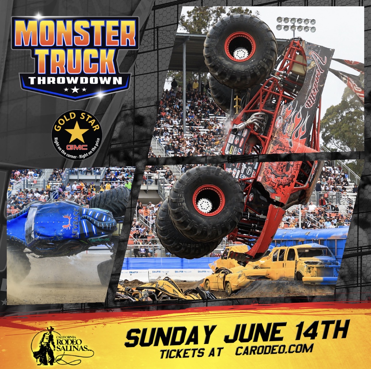 Join us at the Salinas Rodeo for the Monster Truck Throwdown, Sunday June 14, 2026. Tickets at carodeo.com