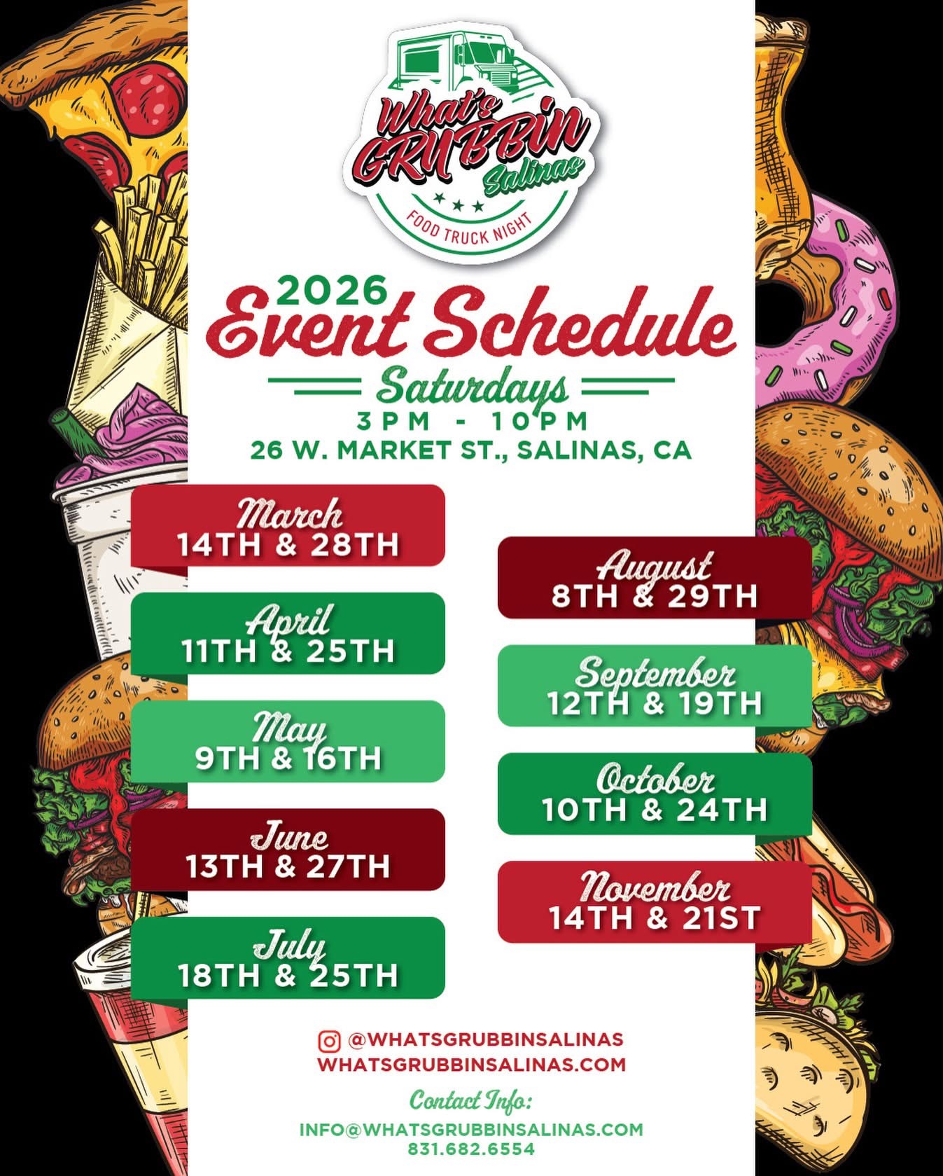 Join us for What's Grubbin Salinas our bimonthly food truck event at 26 w. Market st., Salinas CA April 11 and 25th from 3pm to 10pm
