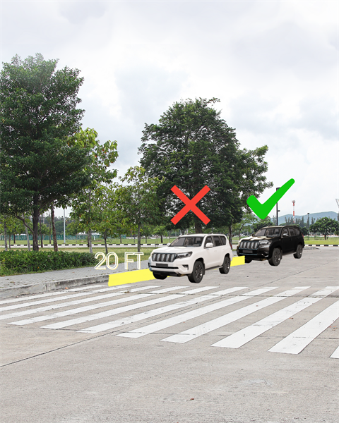 Graphic shows a crosswalk with a white SUV within a yellow 