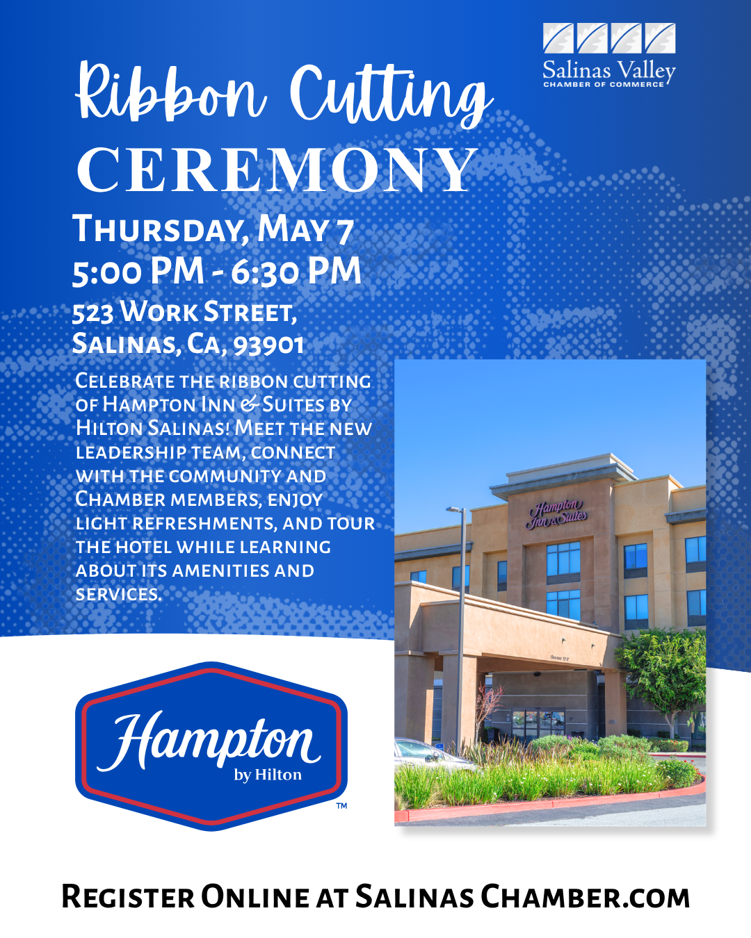 Join us for the ribbon cutting ceremony at the Hampton Inn on May 7th, 2026.