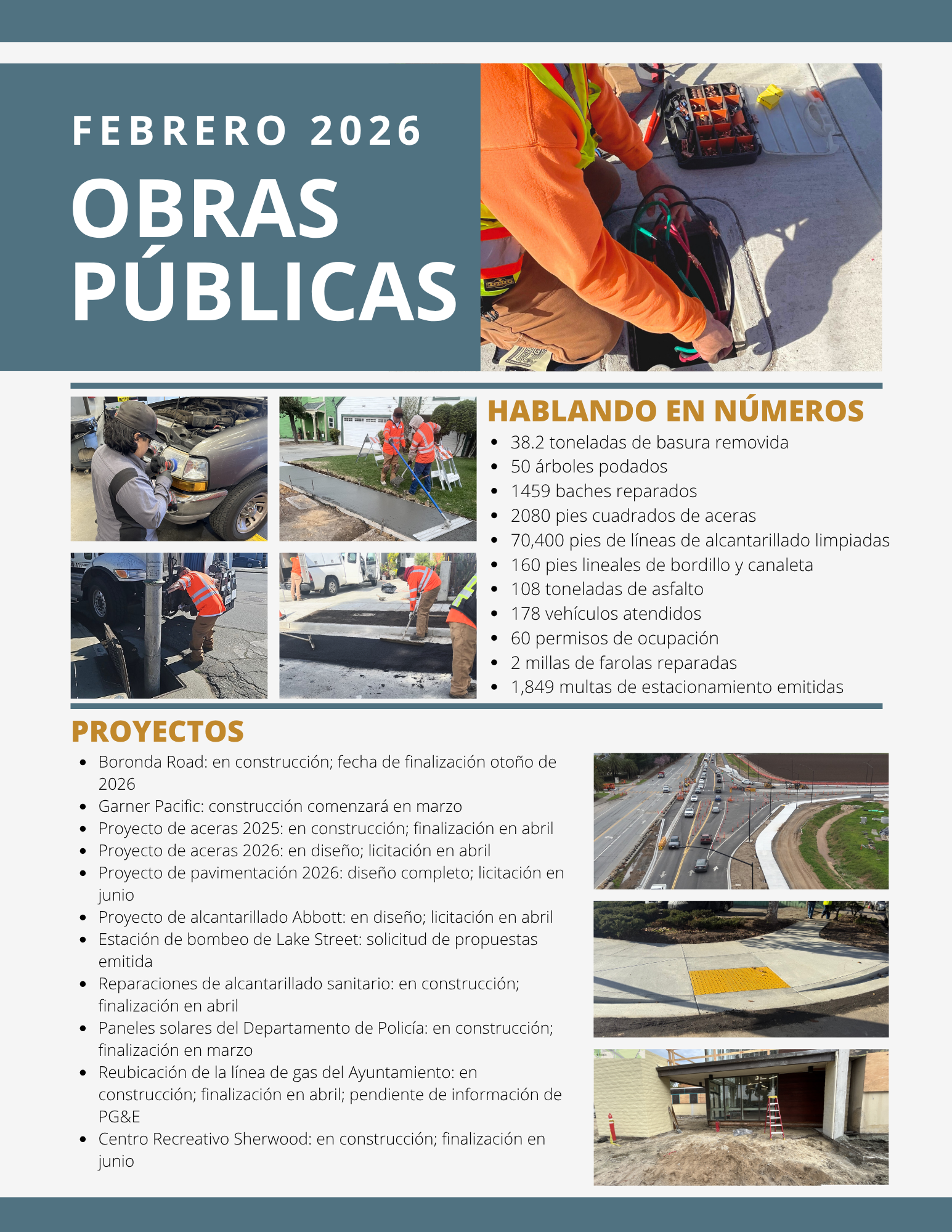 flyer with February 2026 public works updates on projects, accomplishments, with photos in Spanish