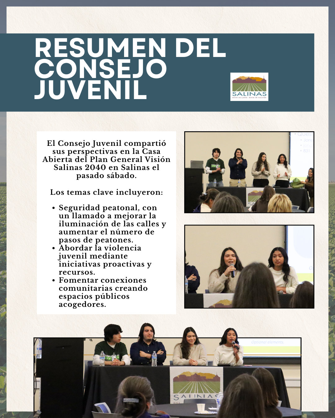 El Consejo Juvenil de la Ciudad de Salinas asiste a Vision Salinas 2040 el 7 de marzo de 2024, donde discutieron sobre la seguridad vial, la violencia juvenil y crearon conexiones comunitarias.