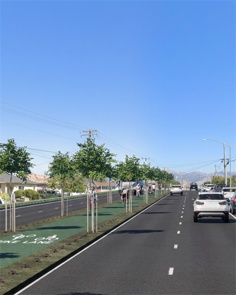 Rendering of a street with a wide green bike lane separated from vehicle traffic by a landscaped center median with trees under a blue sky.