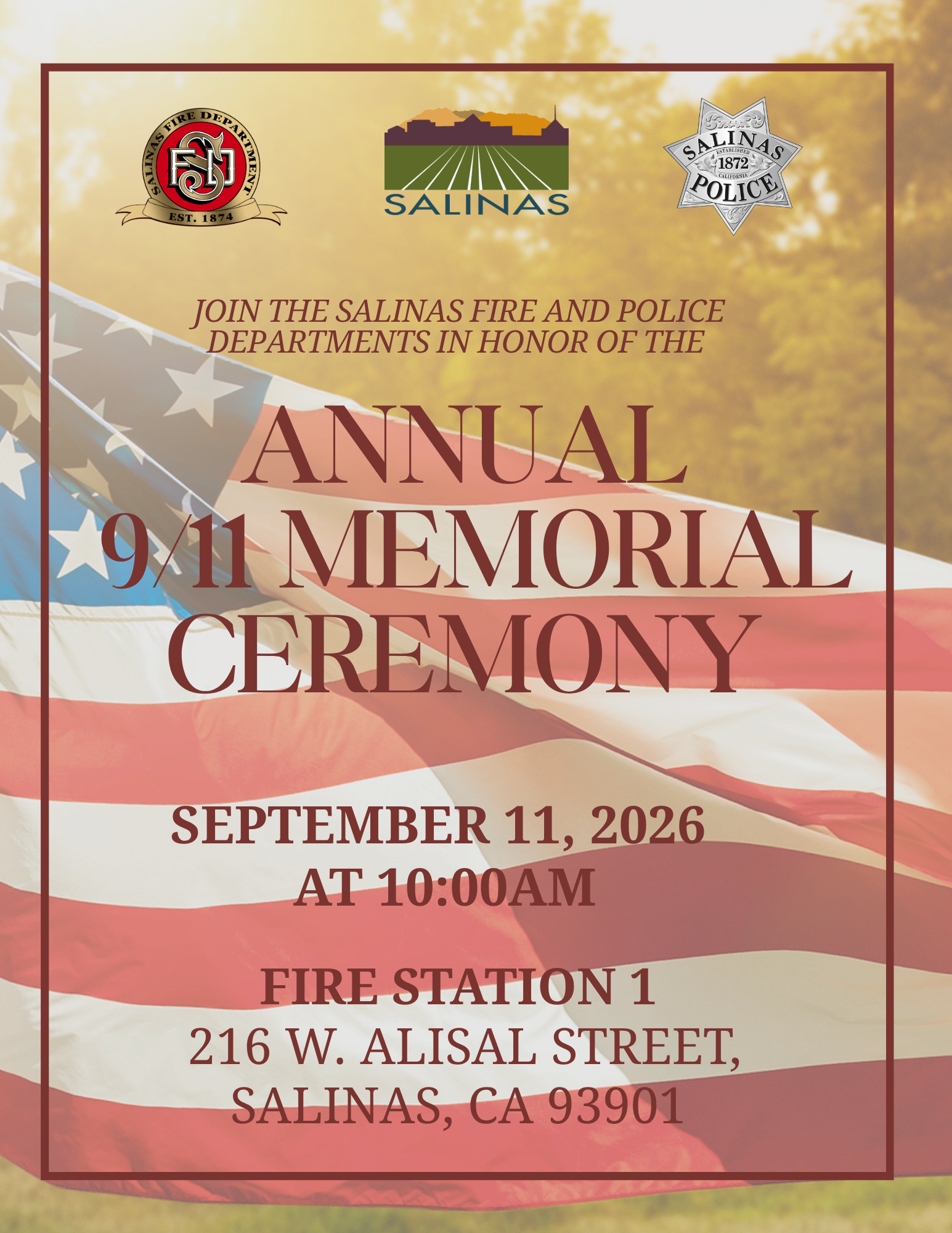 Join us September 11, 2026 at 10:00am at Fire Station 1. 216 W. Alisal street Salinas CA 93901