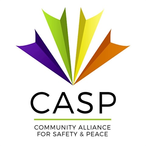 purple, green, yellow and orange vertical banners on top of workds CASP Community Alliance for Safety & Peace.jpg