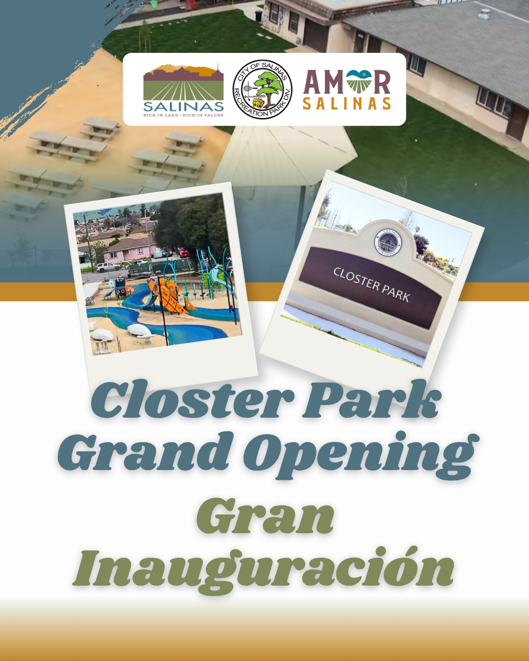 flyer with image of picnic area, park and sign that says closter park, with city of salinas, Salinas parks and recreation, and AMOR Salinas logos with the text 