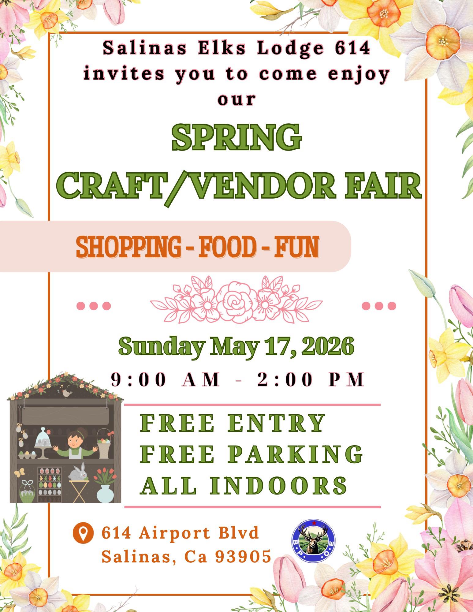 Join us for the Spring Craft/Vendor Fair on Sunday May 17, 2026, from 9 AM to 2 PM.