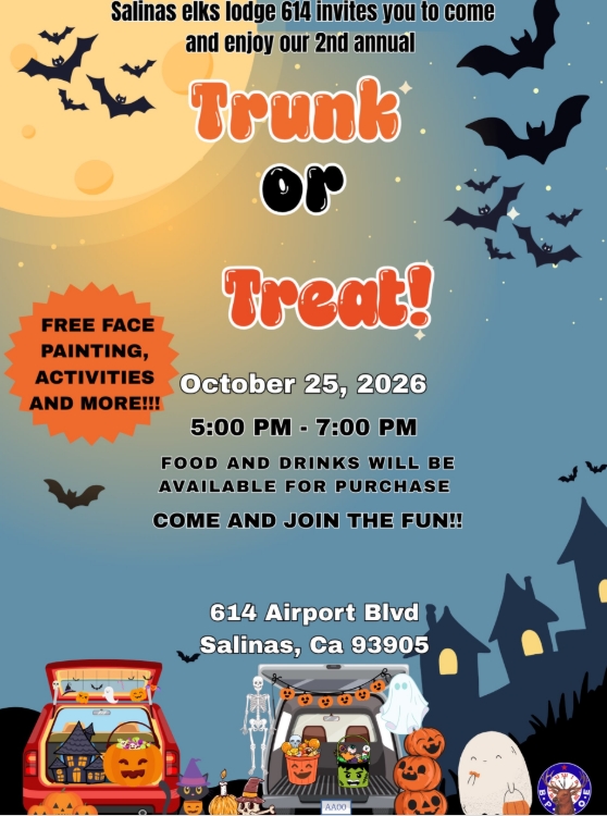 Join the Elks Lodge October 25 from 5pm to 7pm for Trunk pr Treat event 