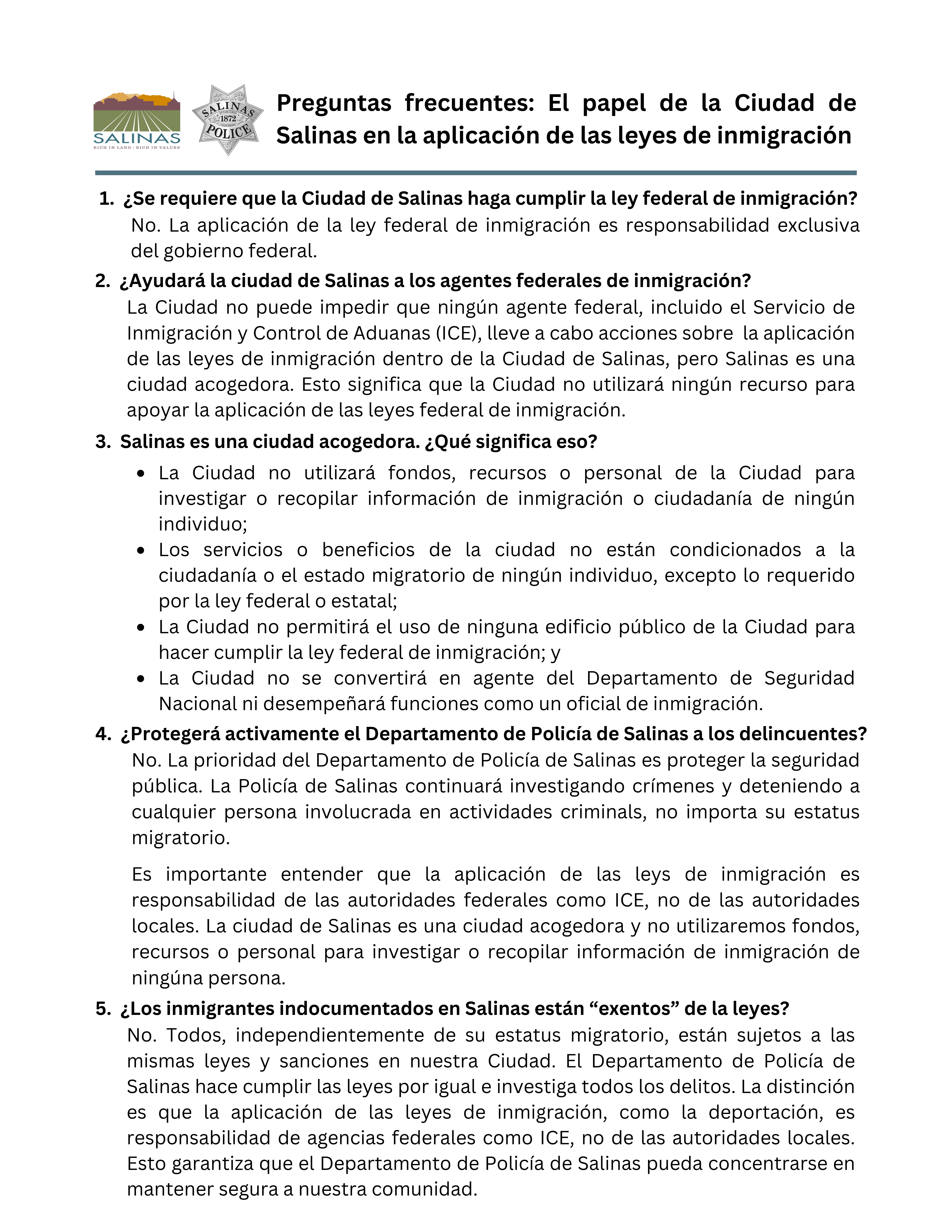 FAQ in Spanish regarding immigration enforcement in Salinas