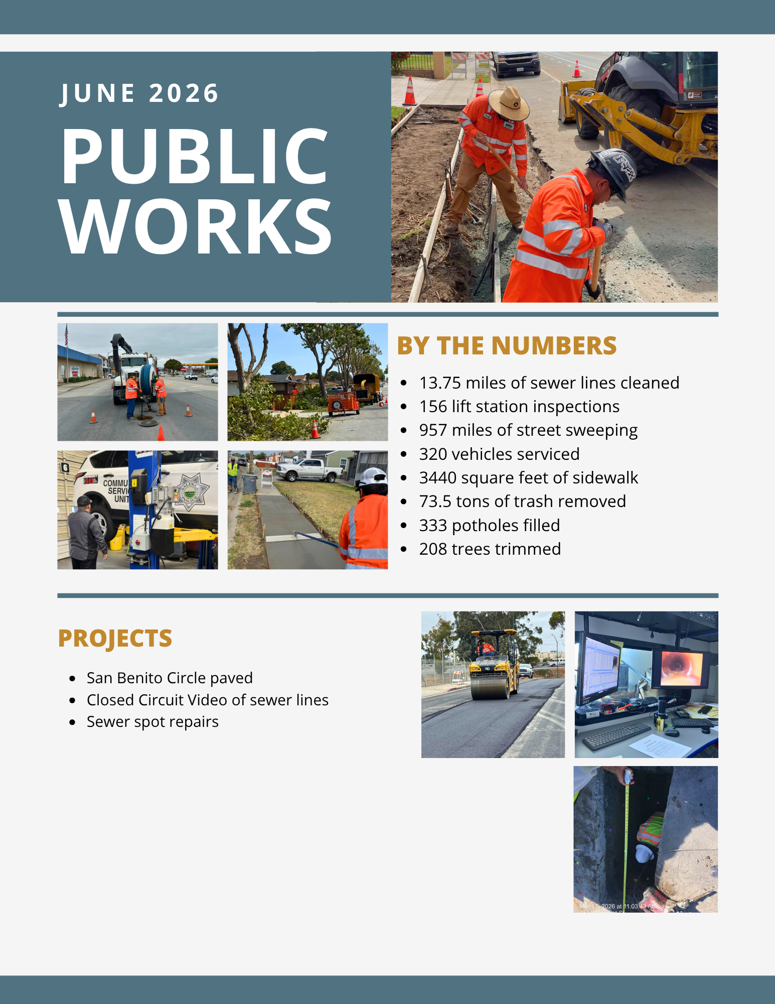June 2026 Public Works report with crews repairing streets and sewers, service photos, project updates, and monthly maintenance statistics.