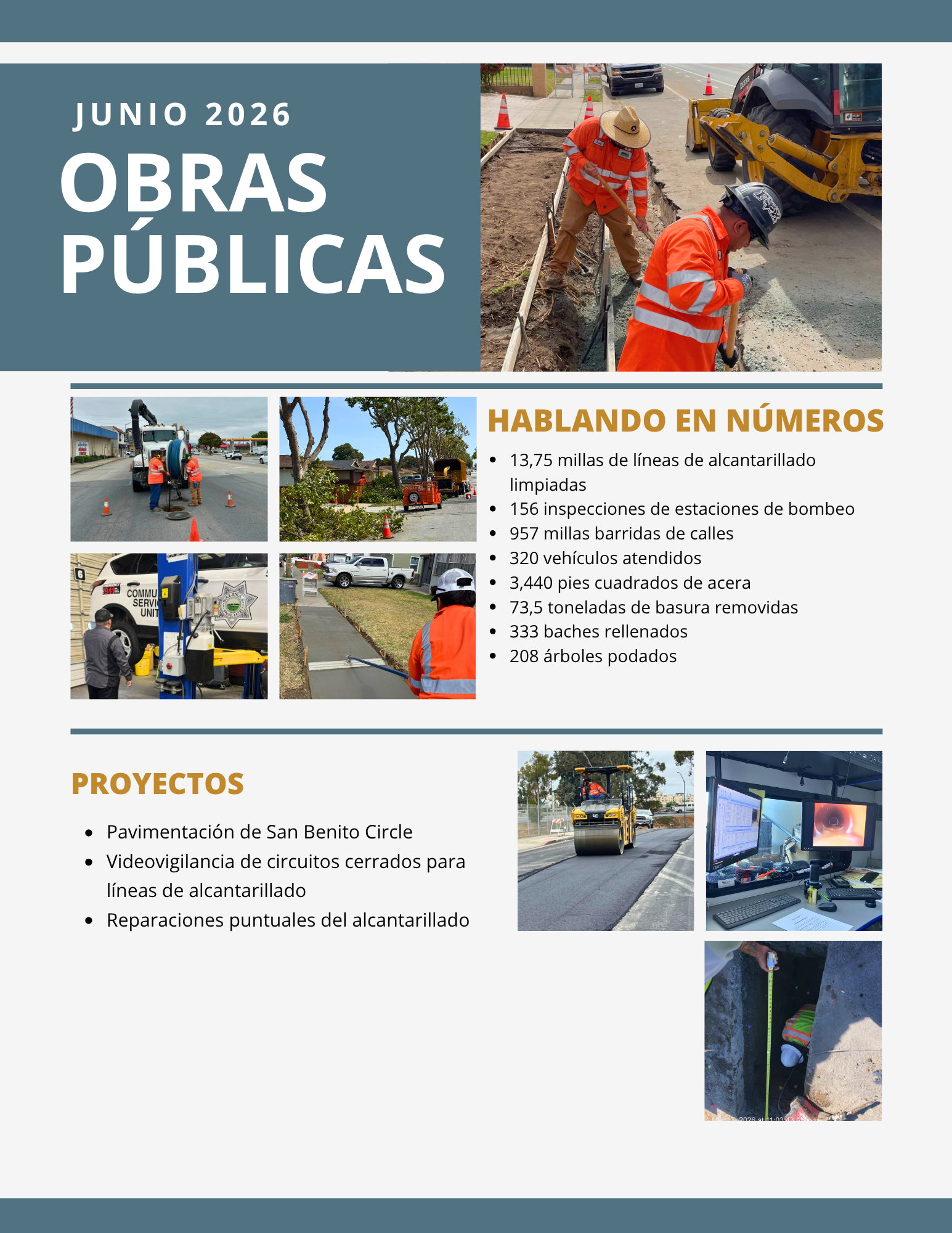 Informe de Obras Públicas de junio de 2026 con cuadrillas reparando calles y drenajes, fotos de trabajos, proyectos y estadísticas mensuales.