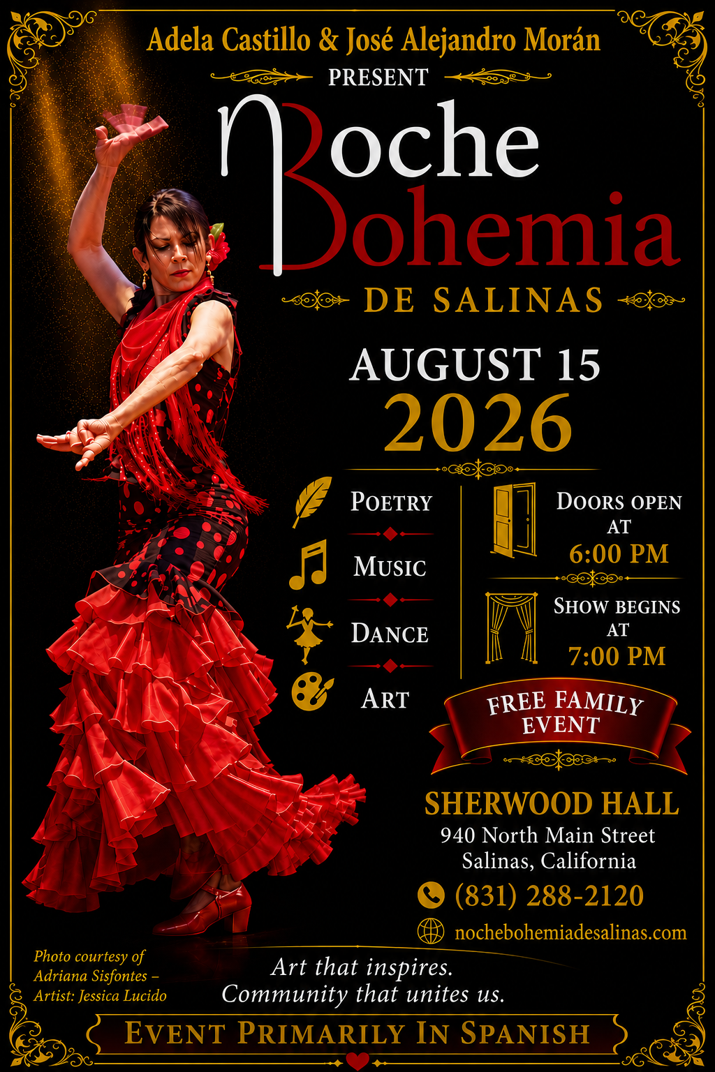 Poster for Noche Bohemia de Salinas on August 15, 2026, with a flamenco dancer in red. Free family event featuring poetry, music, dance and art at Sherwood Hall, Salinas.