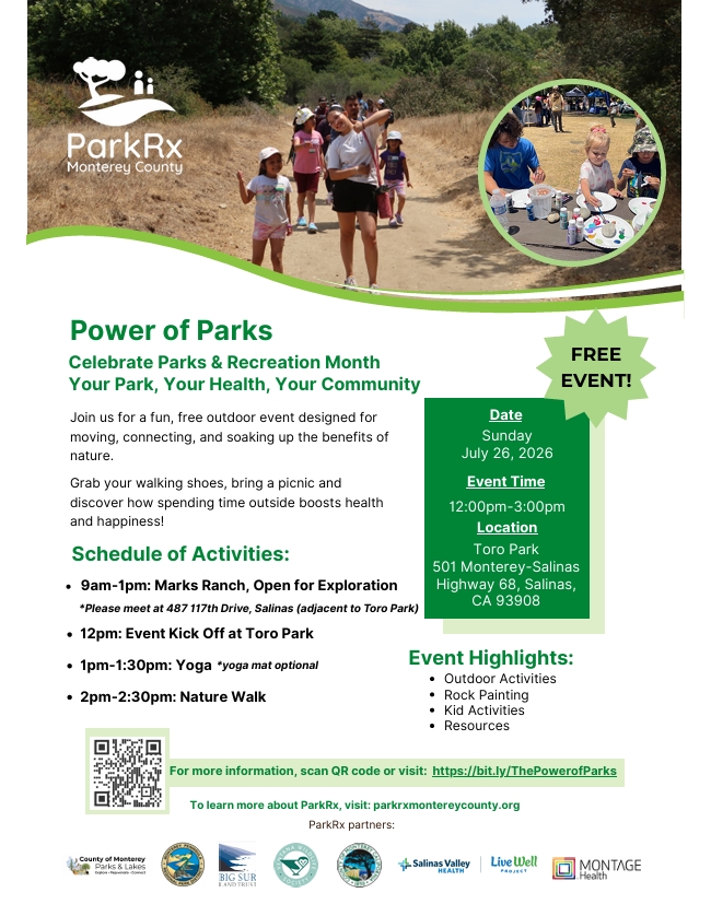 Join us for an outdoor event July 26 Toro Park from 12pm to 3pm with free activities and resources