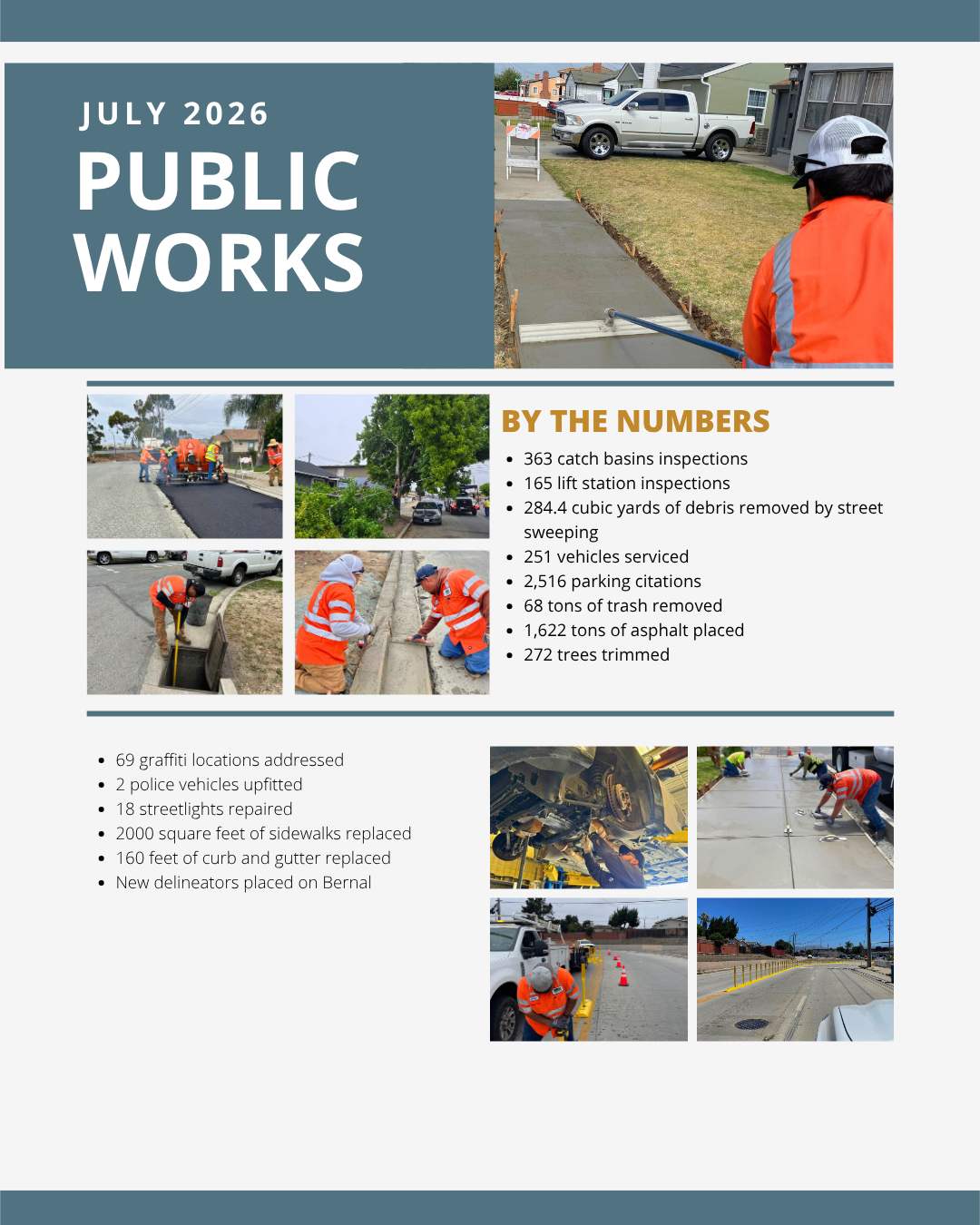 July 2026 Public Works infographic with photos of road and utility crews working, plus a “BY THE NUMBERS” panel listing maintenance statistics and a bullet list of completed street improvements.