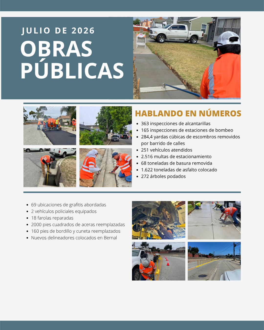 July 2026 public works poster showing road construction crews in orange safety gear, a pickup truck at a worksite, and a “Hablando en números” section listing quantities like asphalt, concrete, and drainage work.