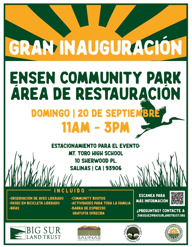 Unete a nostros el 20 de spetiember de 11am a 3pm para la gran inaguracion de la area de restauracion del parque Ensen estacionamiento en la escuela Mt. Toro