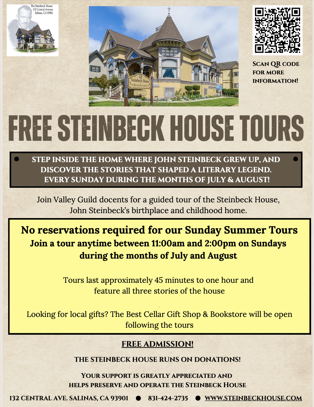 Free Steinbeck House Tours flyer featuring the historic home in Salinas, CA. Free guided tours every Sunday in July and August, 11 a.m.–2 p.m.; no reservations needed.