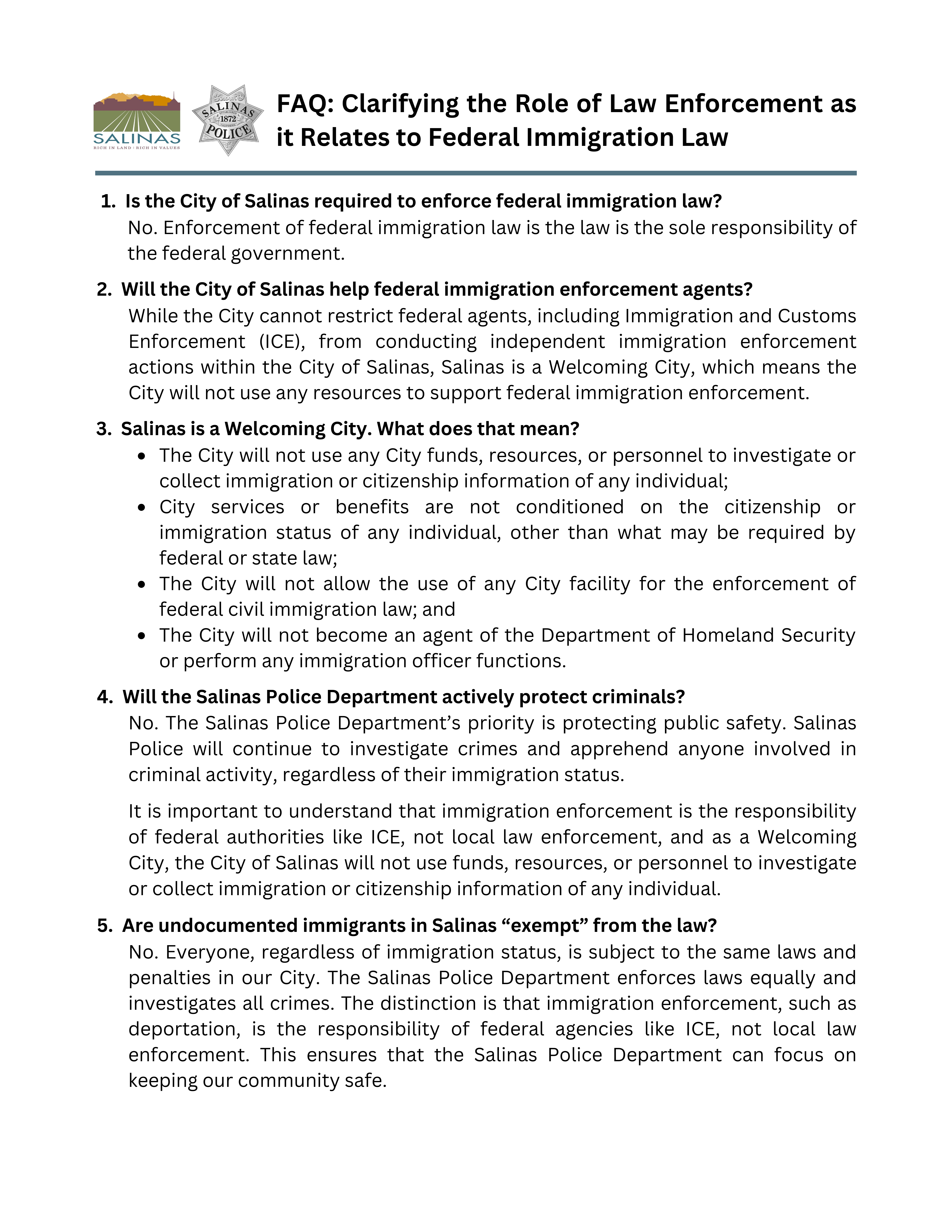 FAQ in English regarding immigration enforcement in Salinas