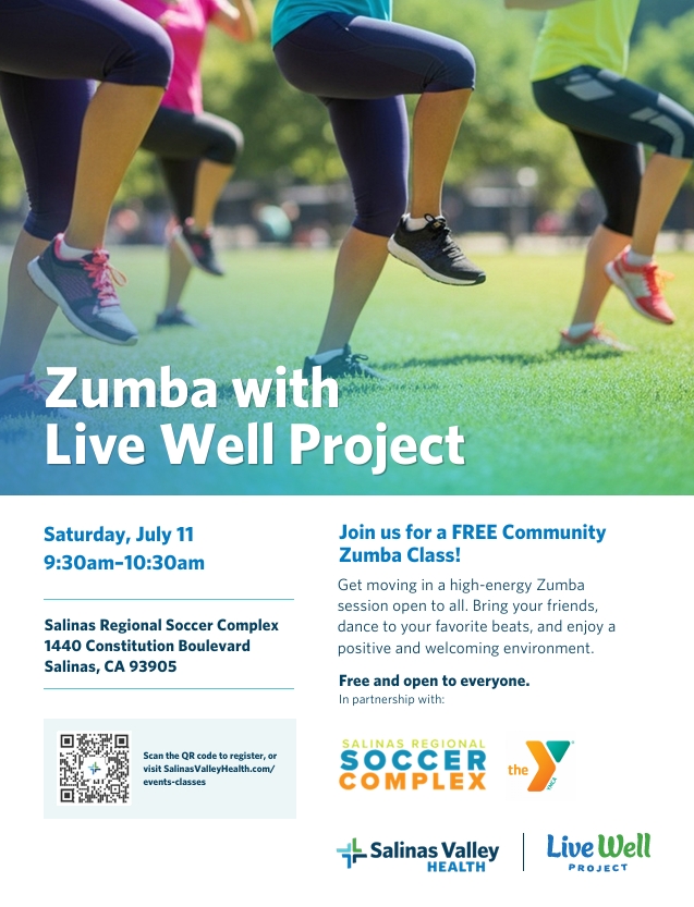 Join us for a free Zumba session July 11 from 9:30am-10:30am at the Salinas Regional Soccer Complex with QR
