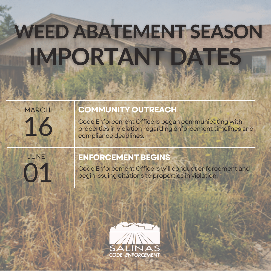 Weed Abatement Season Important Dates” over a photo of an overgrown residential lot, listing March 16 for community outreach and June 1 for enforcement to begin by Salinas Code Enforcement.
