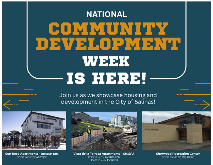 City of Salinas National Community Development Week promotional graphic with three featured development projects.