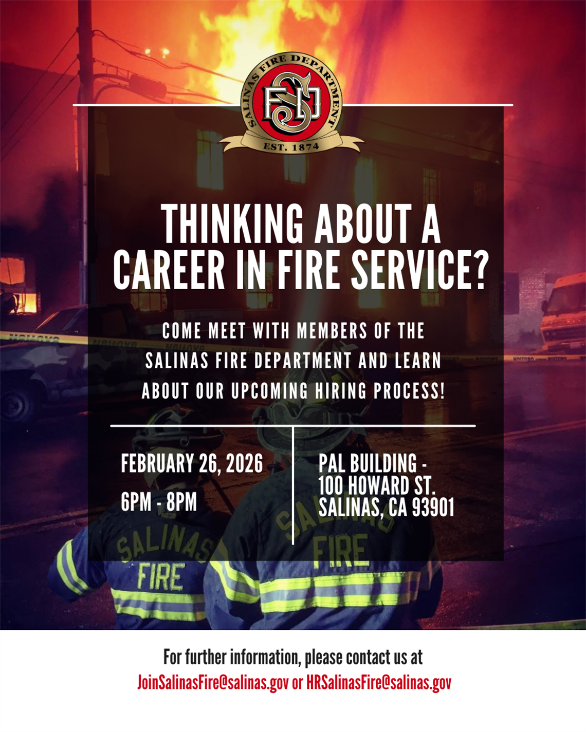 City of Salinas Fire Department promoting a career meet and greet flyer on February 26, 2026, from 6-8 PM at the PAL Building, 100 Howard Street, Salinas, California.