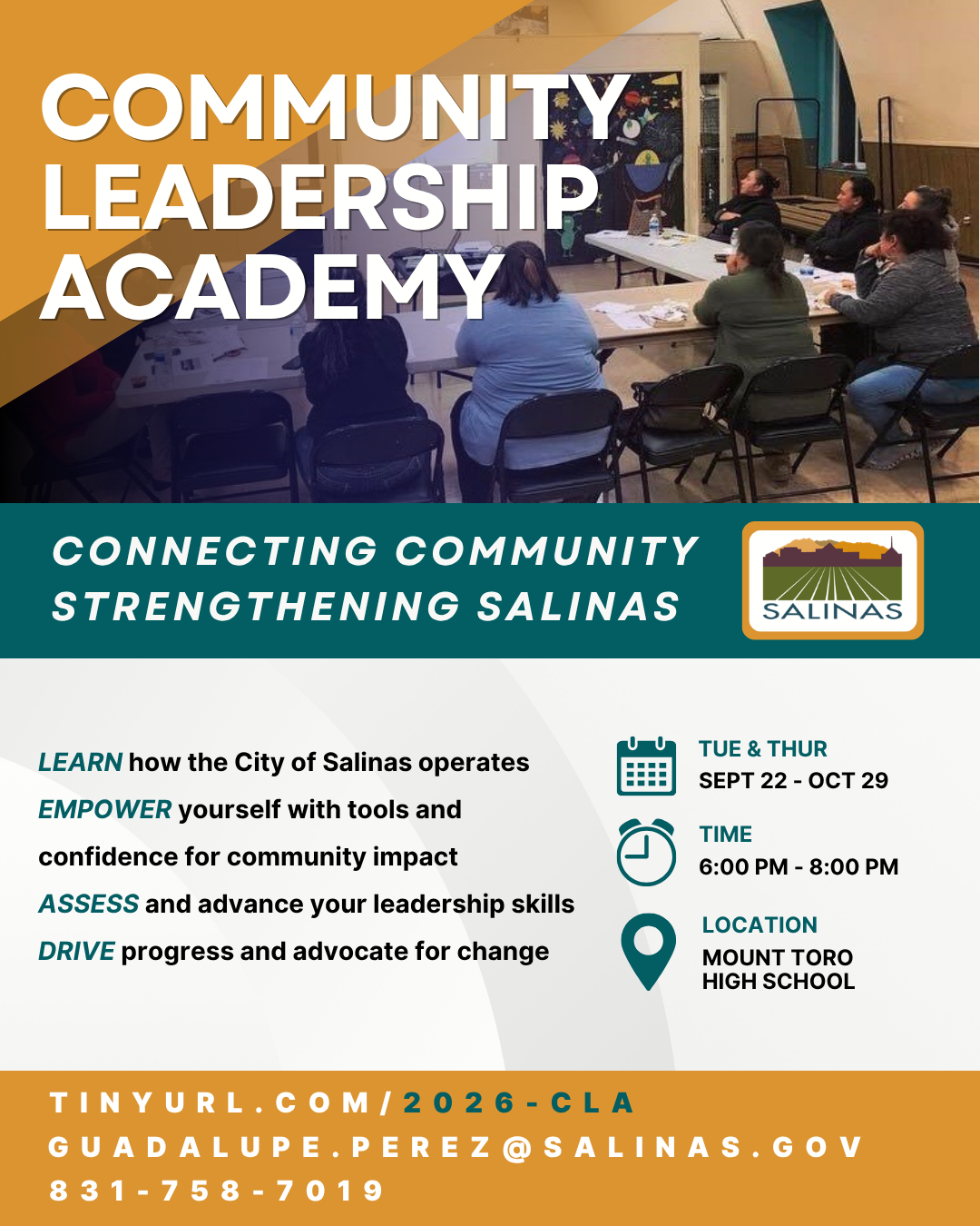 Community Leadership Academy September 22 - October 29, from 6-8pm on Tuesday and Thursday at Mount Toro High School, 