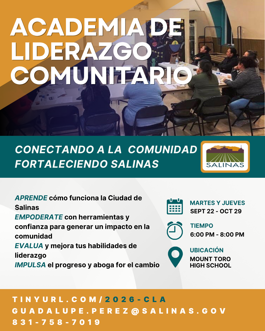 volante de Academia de Liderazgo Comunitario, 22 de septiembre a 29 de octubre, martes y jueves 6-8pm, an escuela Mount Toro