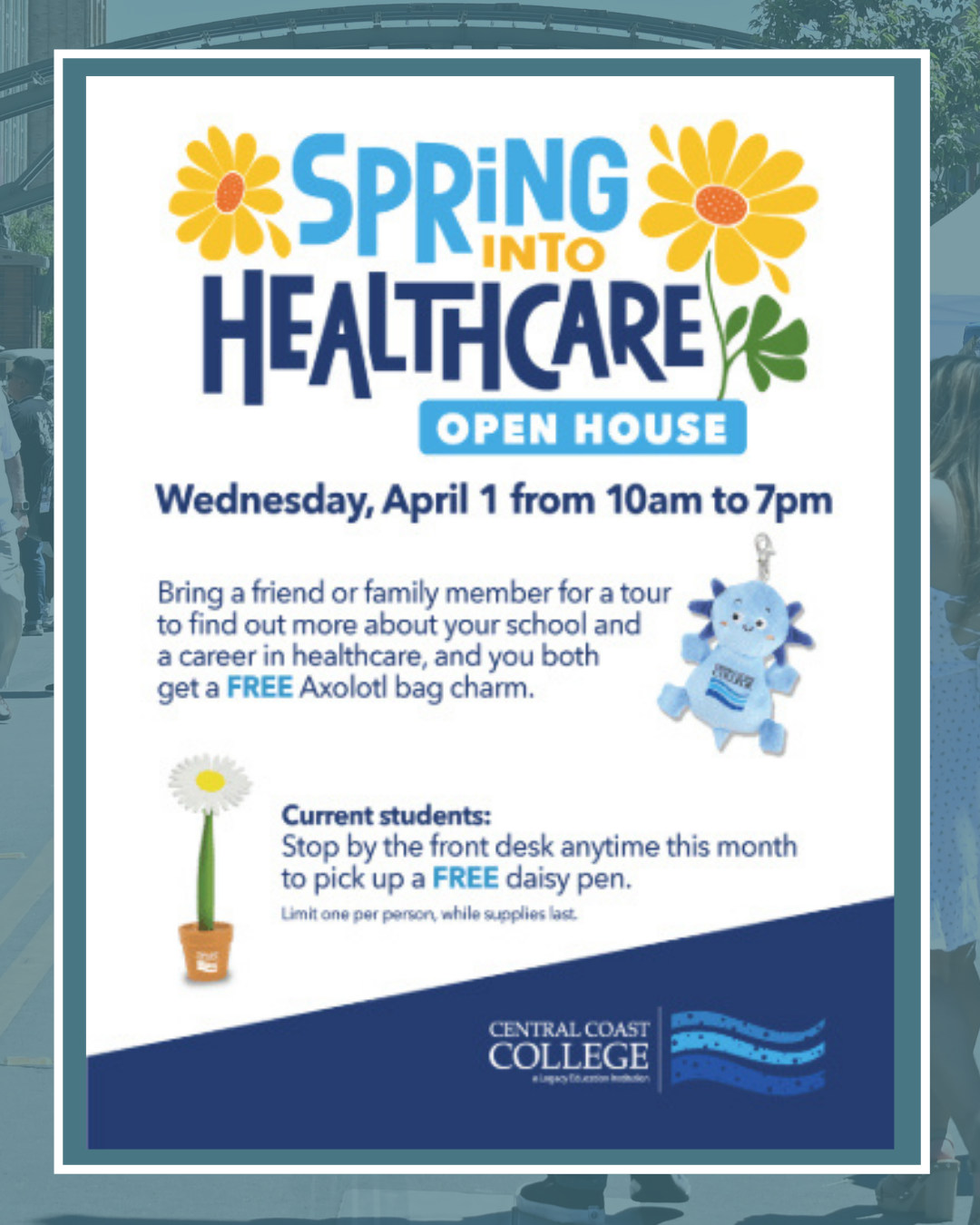 Central Coast College is hosting an open house to find out more about our school and you have a chance to receive a free axolotl bag charm.