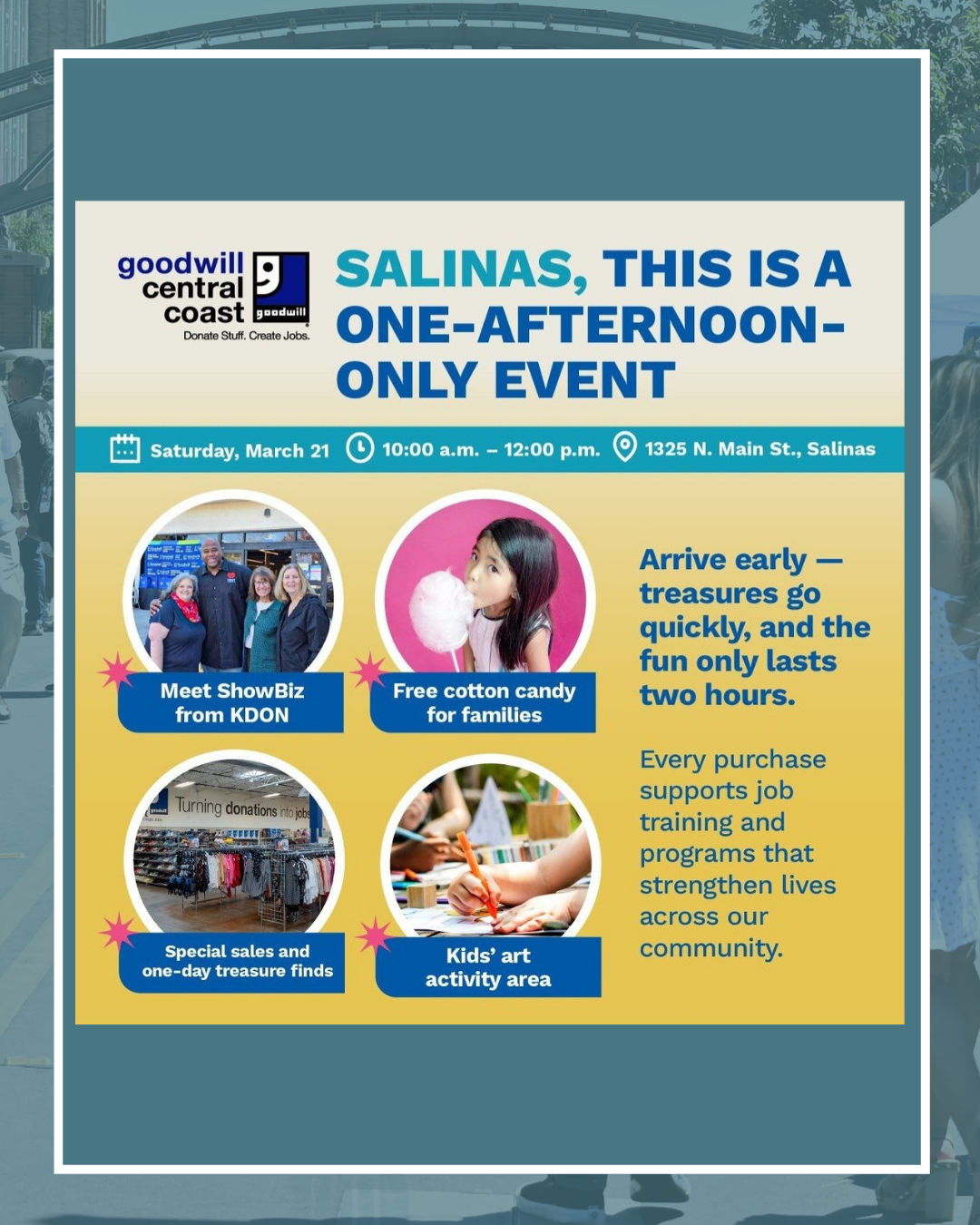 Join us at the 1325 N. Main st goodwill March 21, 2026, 10 am to 12 pm for kids activities, special sales and free cotton candy 