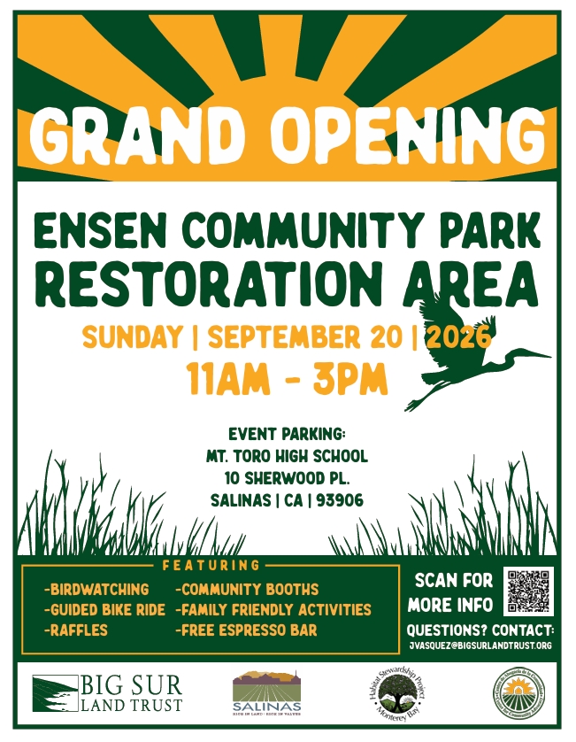 Join us for the Ensen Park Restoration Area grand opening september 20 from 11am to 3pm event parking at MT. Toro High School