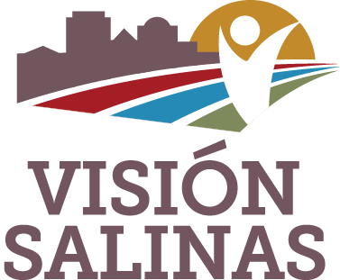 Vision Salinas logo featuring a stylized city skyline, agricultural fields, and a human figure icon above the text “Visión Salinas.”