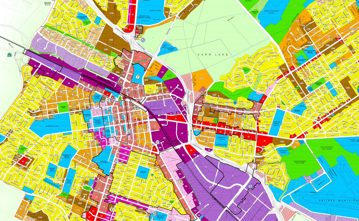 snapshot of the Salinas Zoning map hovering over the Downtown, Alisal, Hartnell College and Carr Lake Area