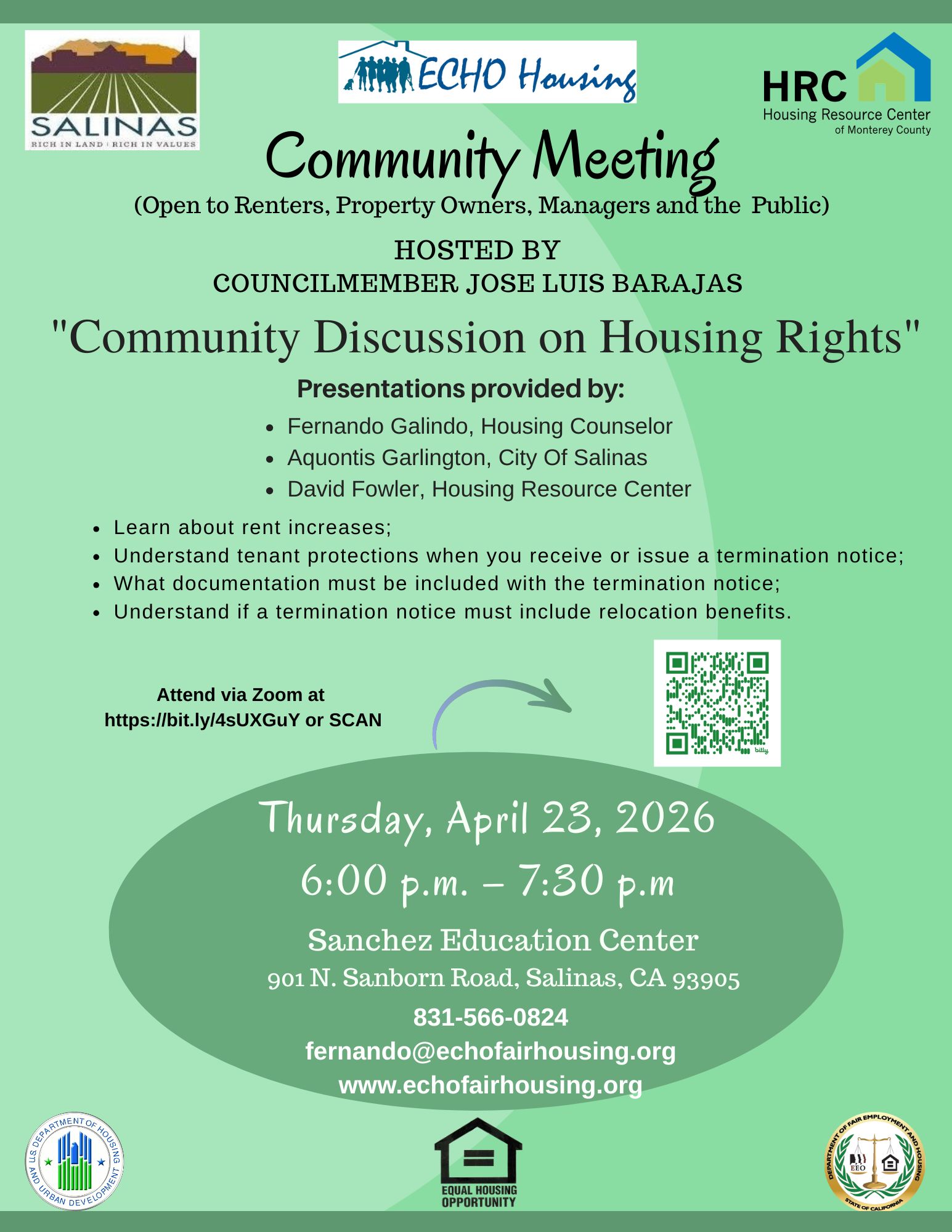 English flyer for community housing rights meeting hosted by Councilmember Jose Luis Barajas at Sanchez Education Center on April 23, 2026.