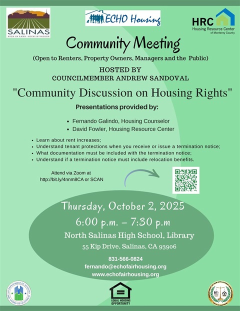 Flyer for Community Discussion on Housing Rights hosted by Councilmember Andrew Sandoval at North Salinas High School on October 2, 2025.