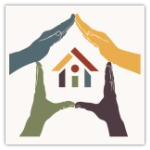 Icon of hands forming a roof over a house symbolizing housing partnership and community support.