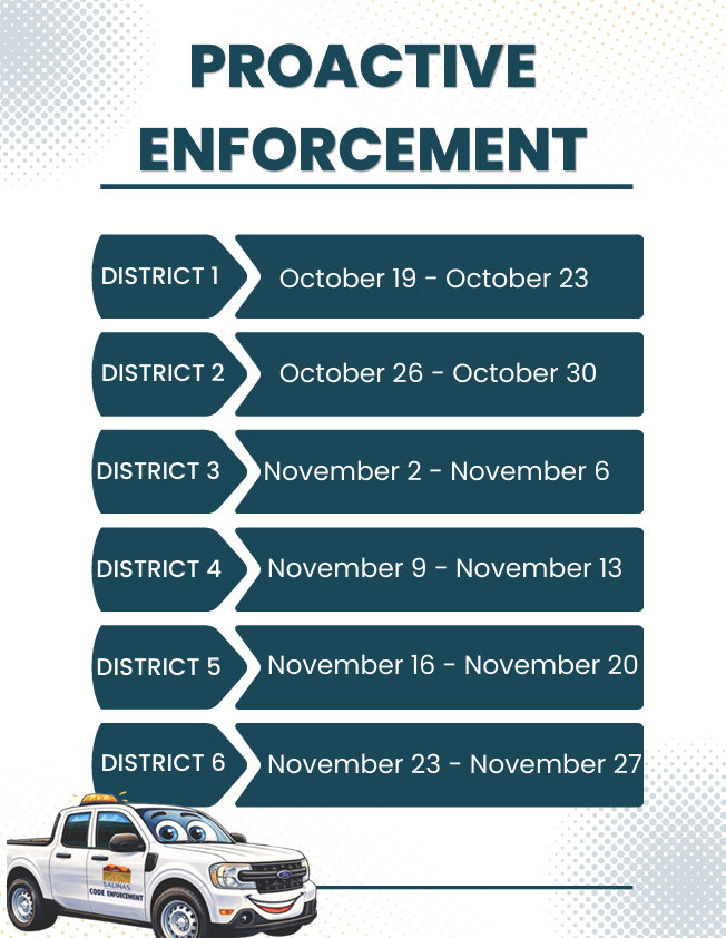 Poster titled “PROACTIVE ENFORCEMENT” listing Districts 1–6 with date ranges, alongside a white enforcement pickup truck with blue and black graphics at the bottom.