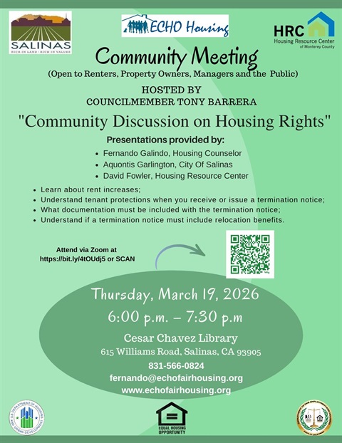 Flyer for Community Discussion on Housing Rights hosted by Councilmember Tony Barrera at Cesar Chavez Library on March 19, 2026.